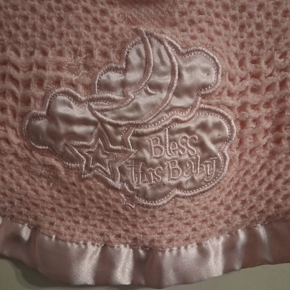 Kidgets Pink Waffle Weave Satin Edge Bless This Baby Blanket 28x29 Thermal Lovey
